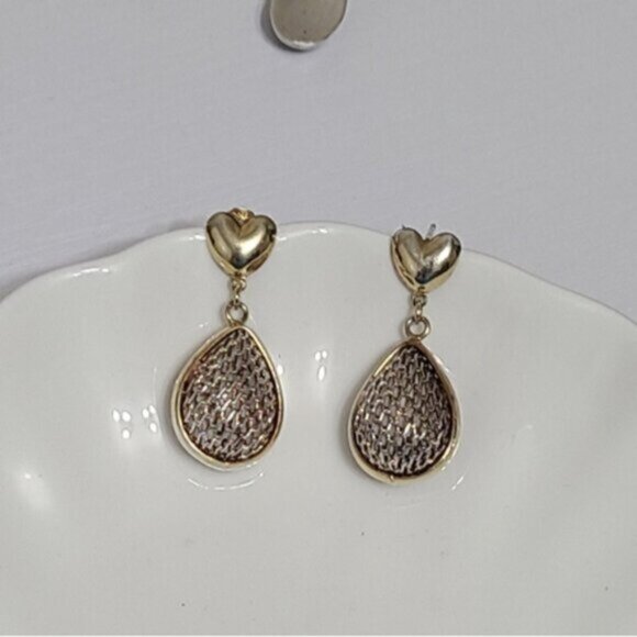 Vintage Sterling Silver Gold Plated Heart  Chunky Mesh Drop Dangle Earrings - Picture 5 of 9